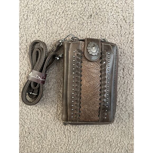 Montana West Handbags - New Montana West Crossbody Womens Brown Tooled Phone Wallet Purse Western Travel